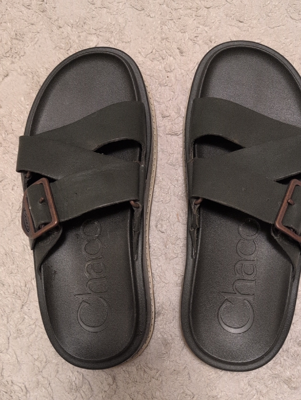 Chaco Black Slide Sandals with Brown Buckle Detail